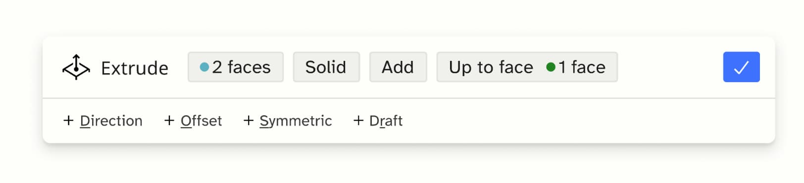 Optional arguments will appear as small "+" items in the review step of a command