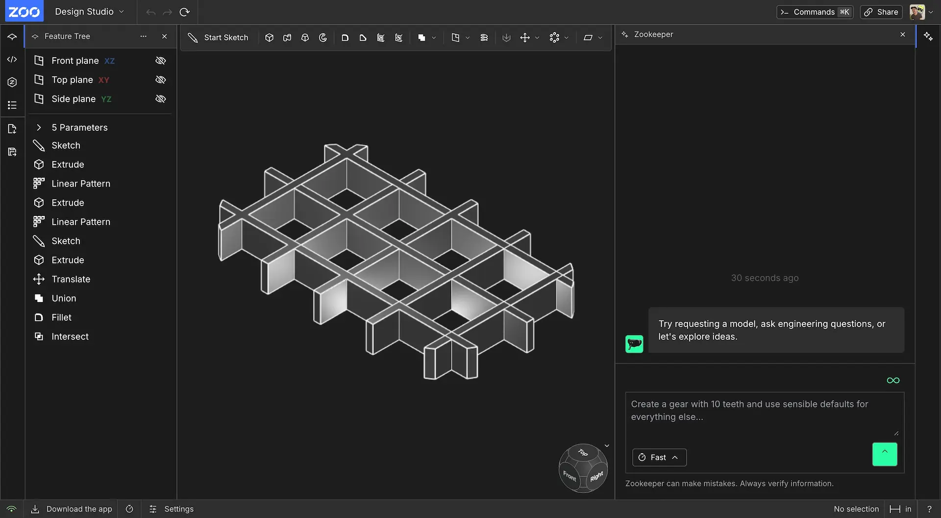 zds-2025.webp "The ZDS app more recently. It's hard to describe just how different everything looks: there are sidebars with panels, one showing a feature tree and the other showing a machine learning chatbot; there is a toolbar of many modeling operations, the model is a metallic gray instead of a bizarre green. It looks more like a real CAD application."
